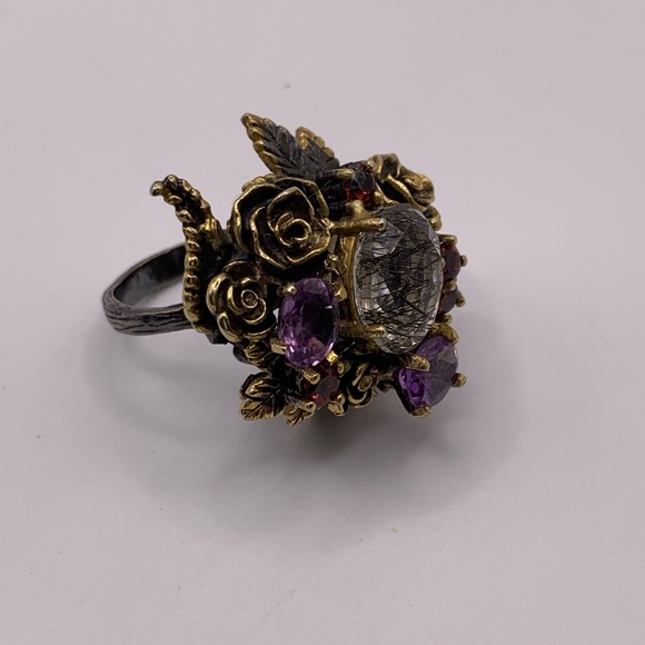 Handmade Sterling Silver Gold-Plated Rutilated Amethyst Garnet Ring" - Picture 5 of 8
